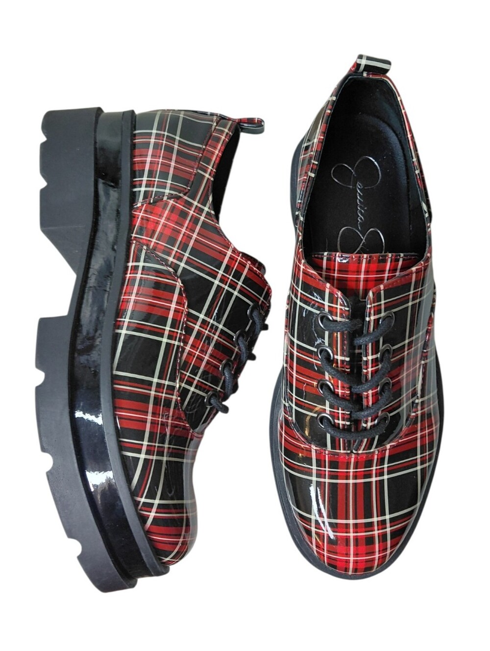Jessica Simpson Red & Black Plaid Chunky Lug Sole Oxfords Size 7 M